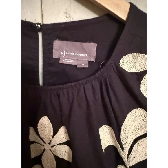 Anthropologie Embroidered Puff Sleeve Dress Floral Cotton Black Ivory XL Worn 1X - Picture 8 of 11